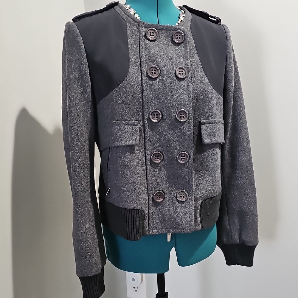 BCBGMaxAzria Gray and Black Bomber Jacket with Military-Inspired Design. Sz 6